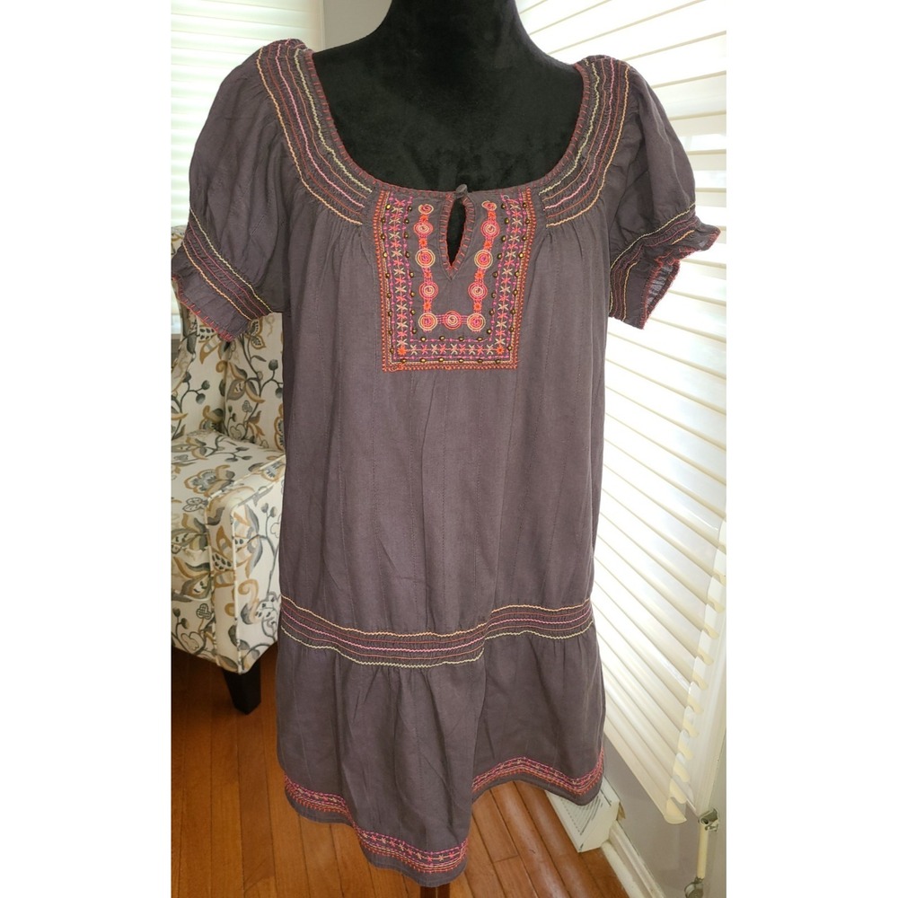 Nine West Lg Embroidered Chocolate Brown Blouse Ruffle Sleeve Boho Western Chic